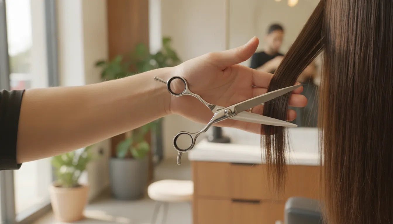 Professional hairstylist using ergonomic shears in a modern salon