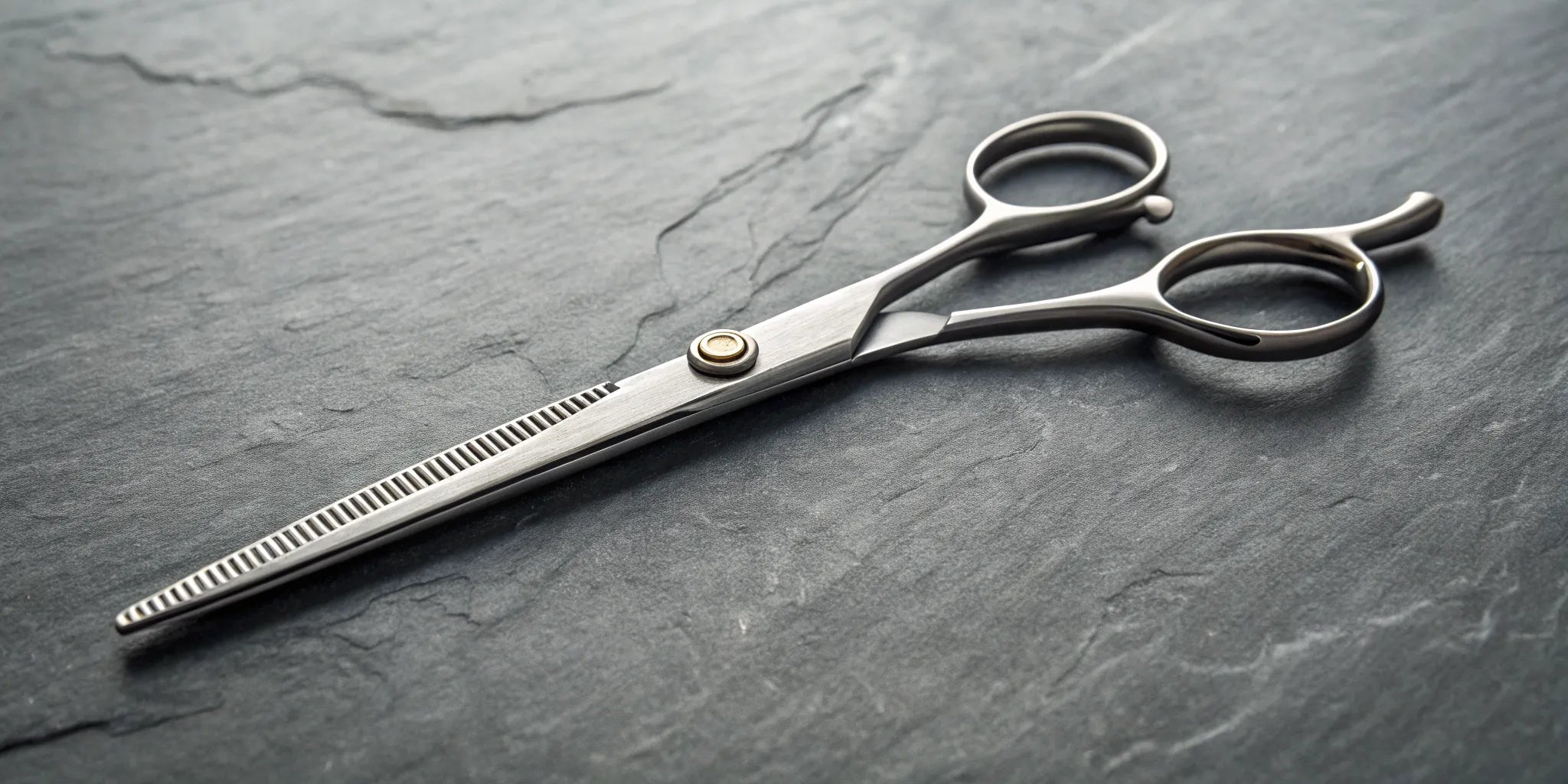Ergonomic hair cutting scissors with an offset handle design.
