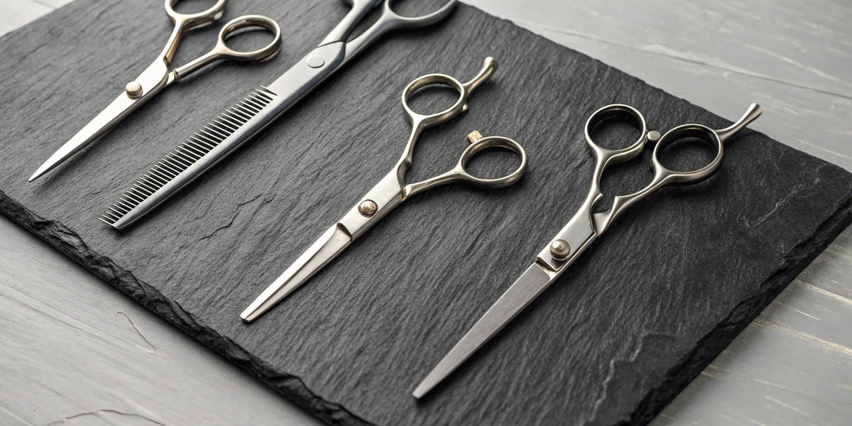 A selection of professional hair cutting scissors for choosing the right type and size.