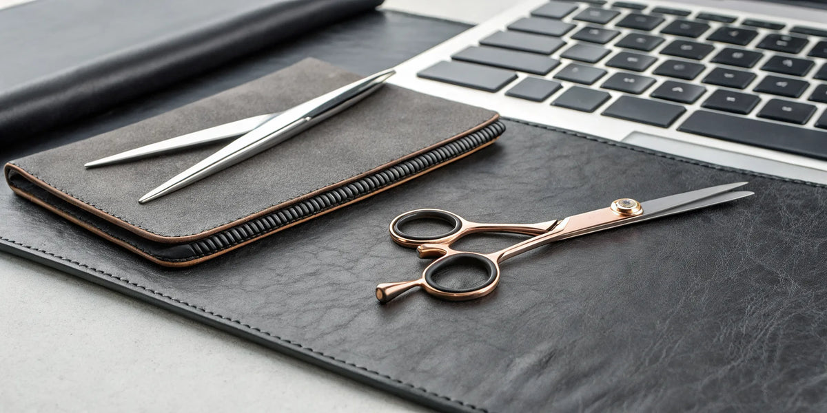 Professional hair shears next to a laptop for buying the best pair online.