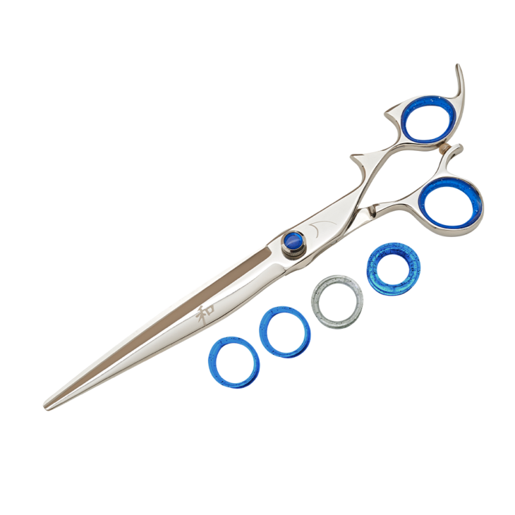 silver shear with blue ring guards and blue knob