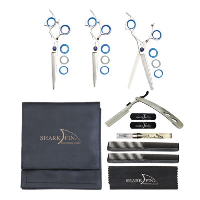 two shears, texturizer, folding razor oil pen, combs and cloth by large pouch