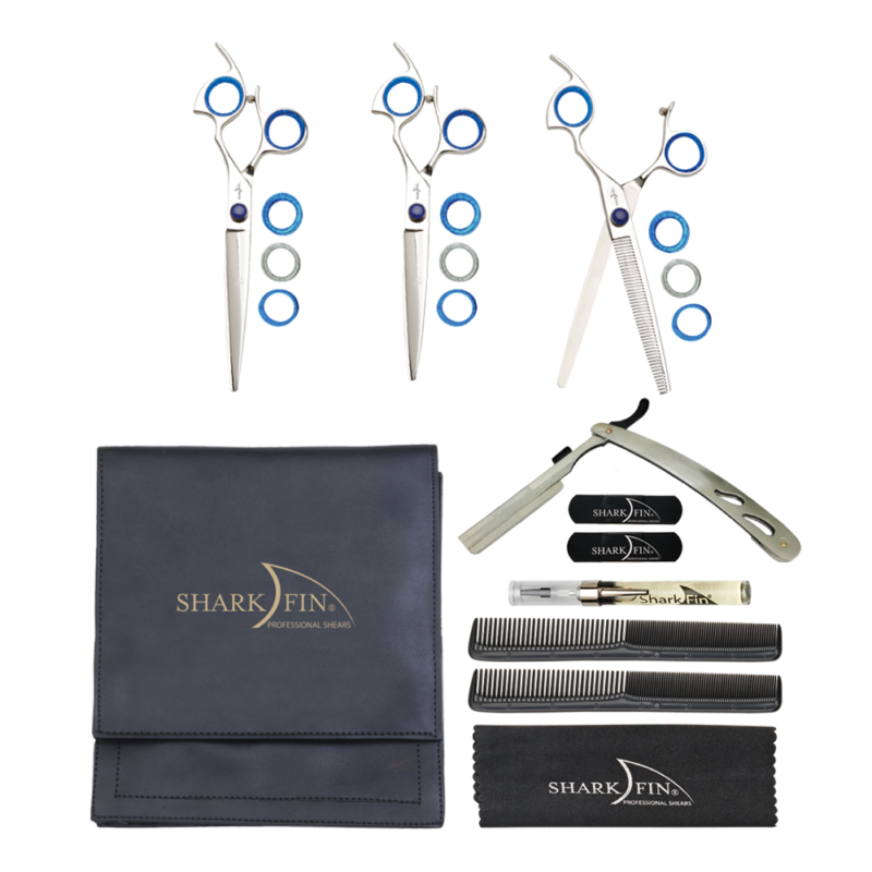 two shears, texturizer, folding razor oil pen, combs and cloth by large pouch