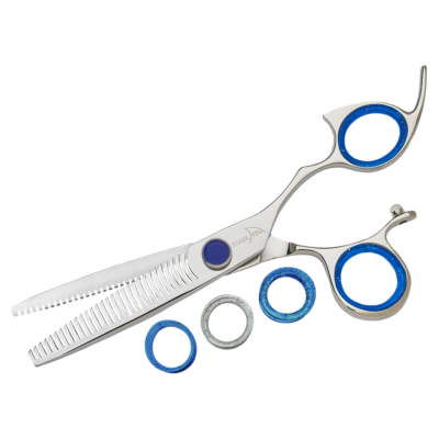 silver texturizer with blue ring guards and blue knob
