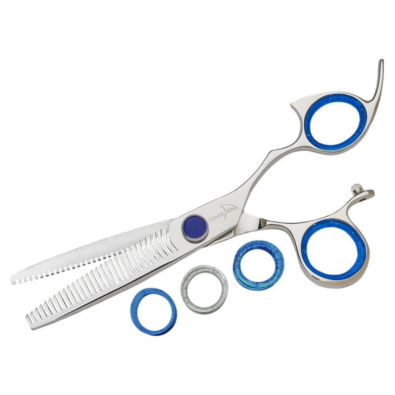 silver texturizer with blue ring guards and blue knob