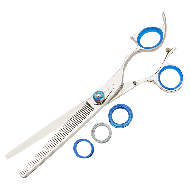 silver texturizer with blue ring guards and blue knob