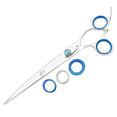 silver curved shear with blue ring guards and blue knob