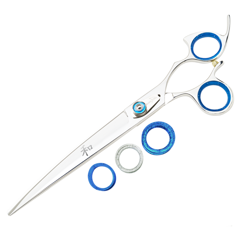 silver curved shear with blue ring guards and blue knob