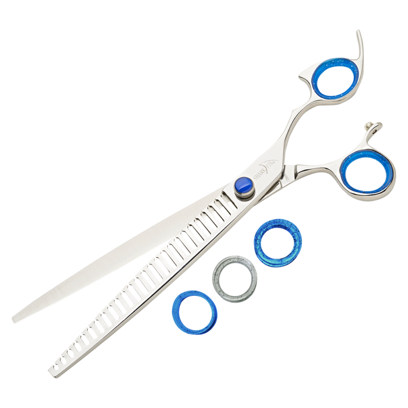 silver texturizer with blue ring guards and blue knob