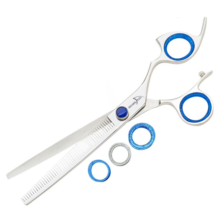 silver texturizer with blue ring guards and blue knob