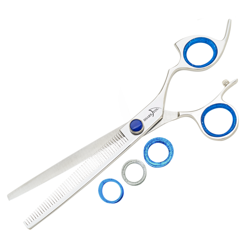 silver texturizer with blue ring guards and blue knob