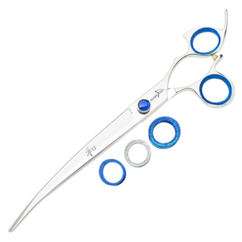 silver curved shear with blue ring guards and blue knob
