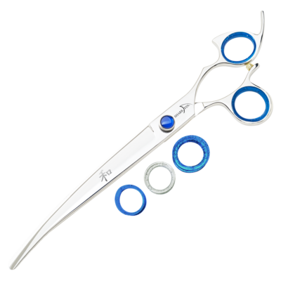 silver curved shear with blue ring guards and blue knob