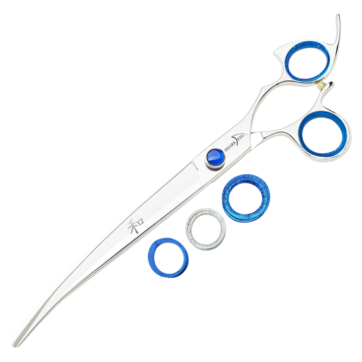 silver curved shear with blue ring guards and blue knob