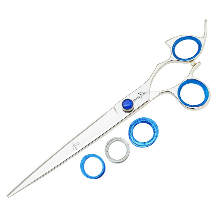 silver shear with blue ring guards and blue knob