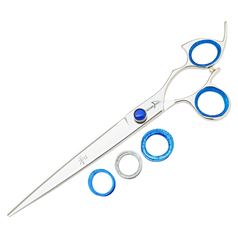 silver shear with blue ring guards and blue knob
