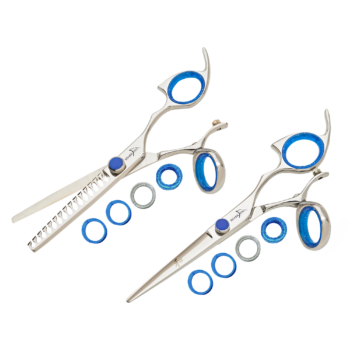 silver with blue guards swivel professional shear and texturizer left hand