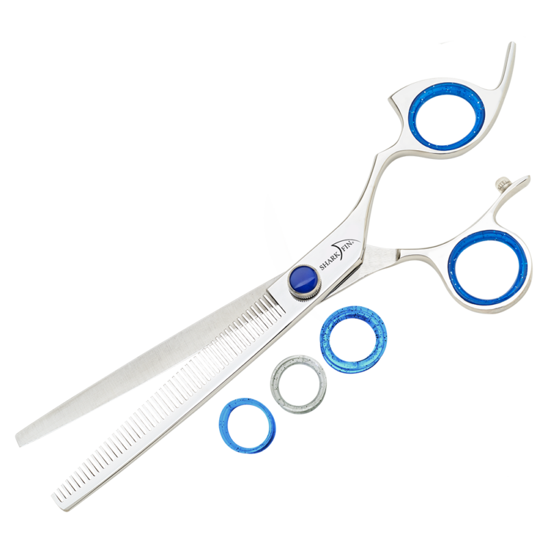 silver texturizer with blue ring guards and blue knob