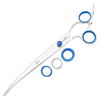 silver curved shear with blue ring guards and blue knob