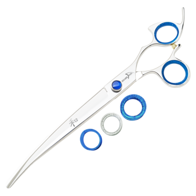 silver curved shear with blue ring guards and blue knob