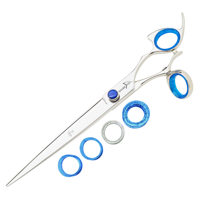 silver shear with blue ring guards and blue knob