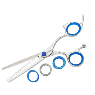silver texturizer with blue ring guards and blue knob
