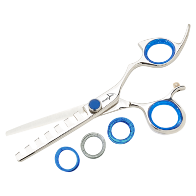 silver texturizer with blue ring guards and blue knob
