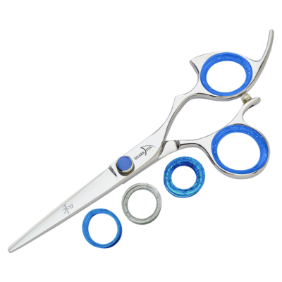 silver shear with blue ring guards and blue knob