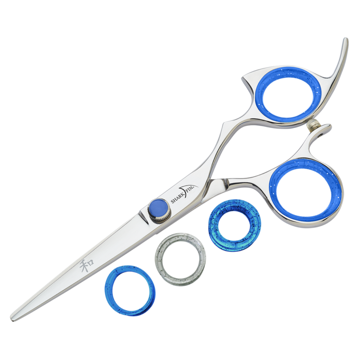 silver shear with blue ring guards and blue knob