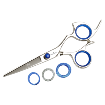 silver shear with blue ring guards and blue knob