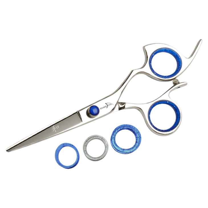 silver shear with blue ring guards and blue knob