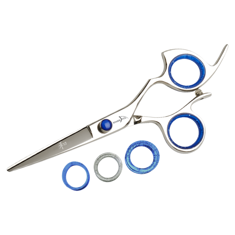 silver shear with blue ring guards and blue knob