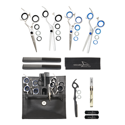 two shears, two texturizer, razor, oil pen, combs and cloth by large pouch