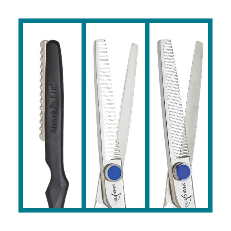 black razor and two silver texturizer teeth shears
