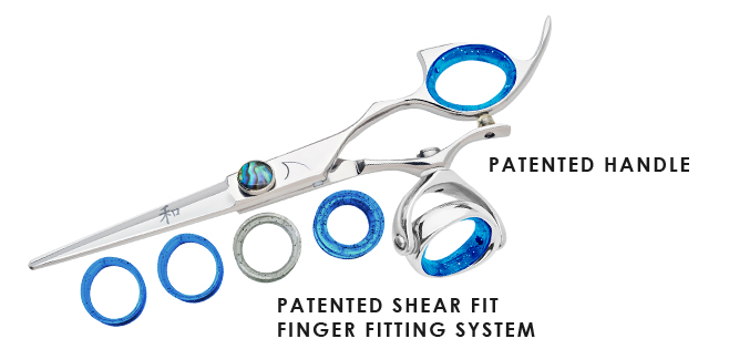 why-sharkfin-mockup silver shear with blue ring guards showing patented handle and shear finger fitting system