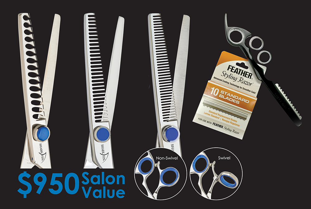 black razor with extra razor package and three texturizers with close up of non-swivel and swivel